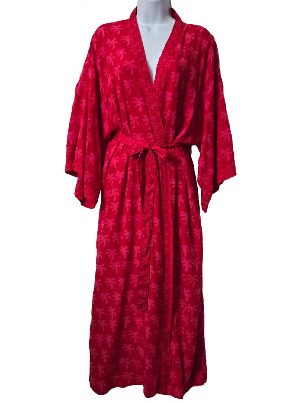 Hawaiian Ginger Kimono Bath Robe OS One Size Block Print Belt Pockets Red Palm